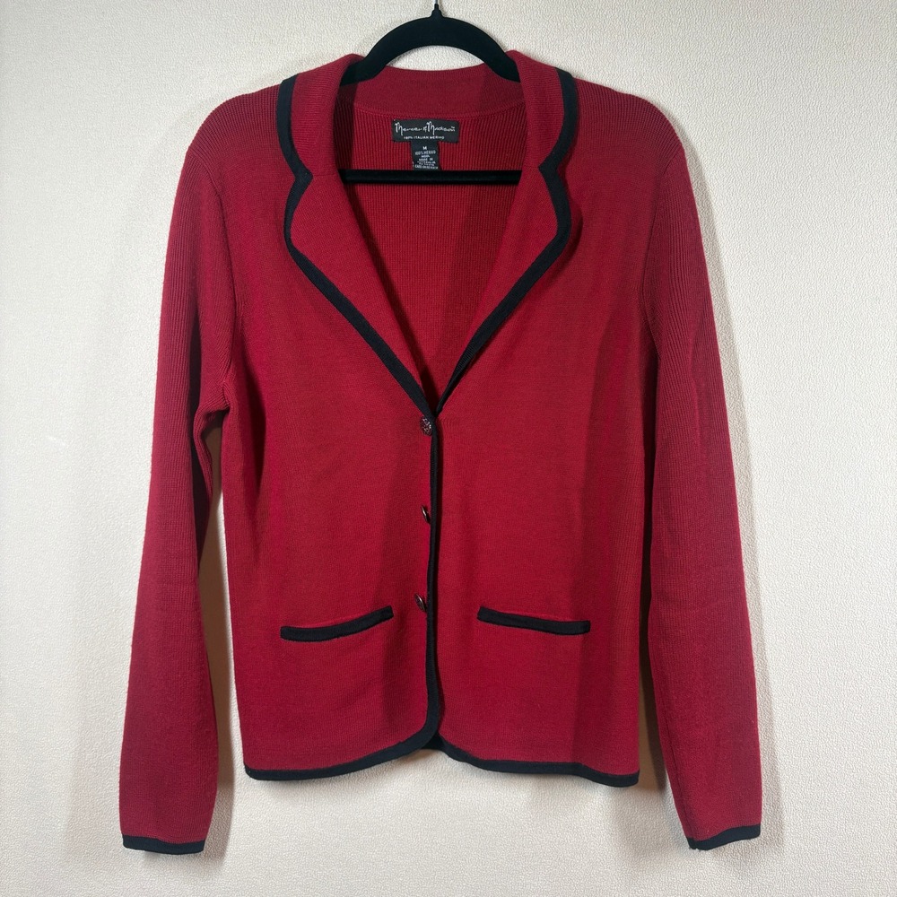 Mercer & Madison Italian Merino Wool Cardigan Sweater Womens M Red Chic Academic